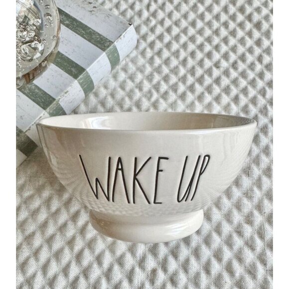 New Rae Dunn Ceramic WAKE UP Large Letter Font Pedestal Footed Cereal Bowl - Picture 2 of 4